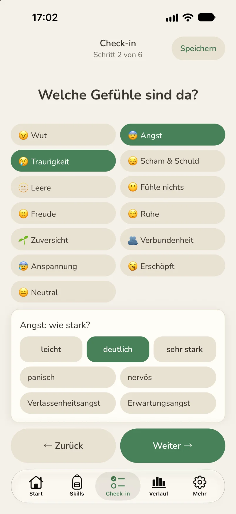 Screenshot: Check-in, Schritt 2 von 6, „Welche Gefühle sind da?“ mit dreizehn Gefühlen von Wut bis Neutral. Angst und Traurigkeit sind gewählt, darunter „Angst: wie stark?“ mit leicht, deutlich und sehr stark, deutlich ist gewählt, und den Feinheiten panisch, nervös, Verlassenheitsangst und Erwartungsangst