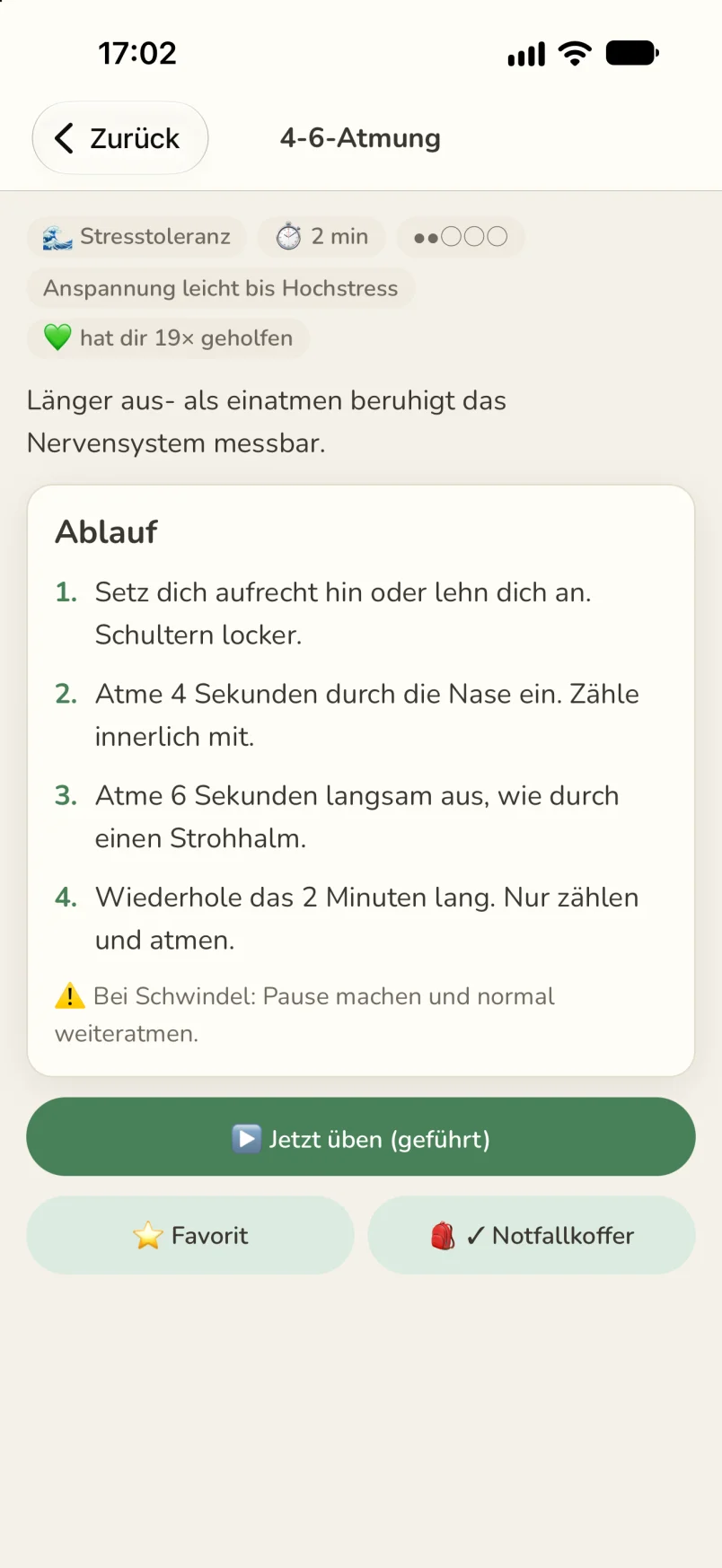 Screenshot: Skill „4-6-Atmung“ aus der Stresstoleranz mit 2 Minuten Dauer, für Anspannung von leicht bis Hochstress und „hat dir 19× geholfen“, dem Ablauf in vier Schritten, dem Knopf „Jetzt üben (geführt)“ und darunter als Favorit und im Notfallkoffer markiert